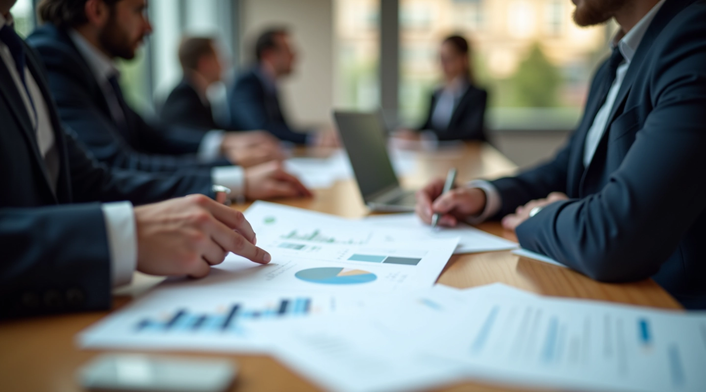 Verslo žmonės analizuoja finansines ataskaitas prie stalo su grafikais