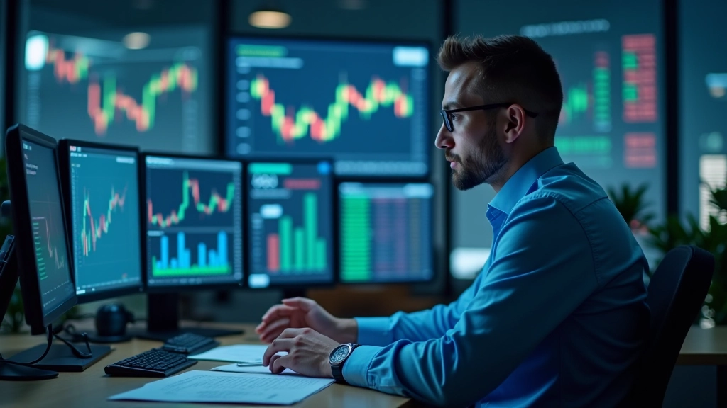 Finansų analitiko darbaviete su kompiuteriais ir ataskaitomis